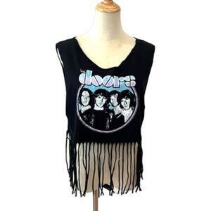 The Doors Band Tee Fringe Hem Black Medium Festival Crop Sleeveless Muscle Tank